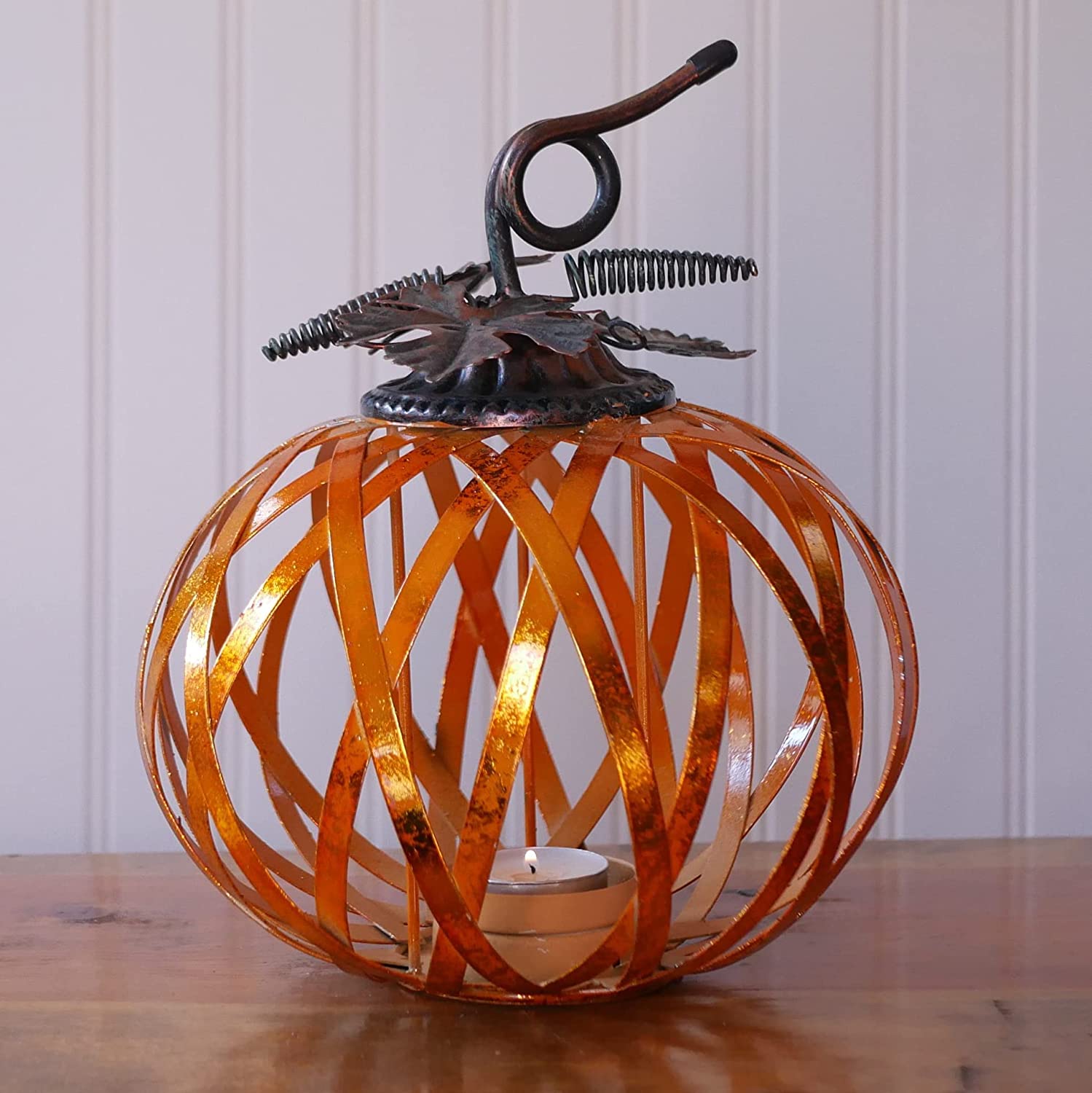 8 Inch Rustic Metal Pumpkin Candle Holder with Metallic Copper Finish - Fall Halloween Thanksgiving Home Decor