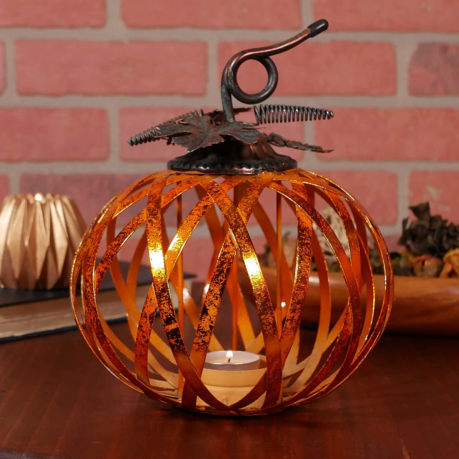 8 Inch Rustic Metal Pumpkin Candle Holder with Metallic Copper Finish - Fall Halloween Thanksgiving Home Decor