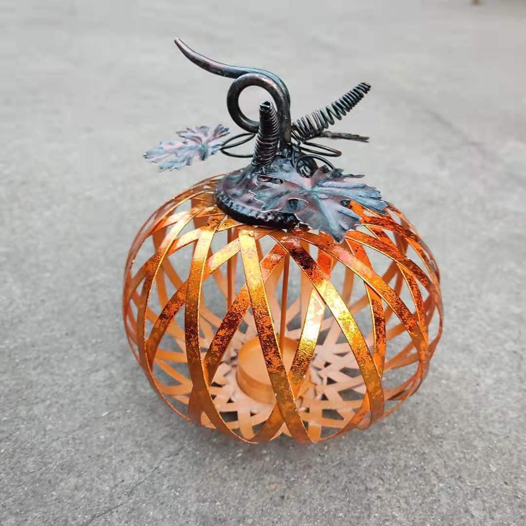 8 Inch Rustic Metal Pumpkin Candle Holder with Metallic Copper Finish - Fall Halloween Thanksgiving Home Decor