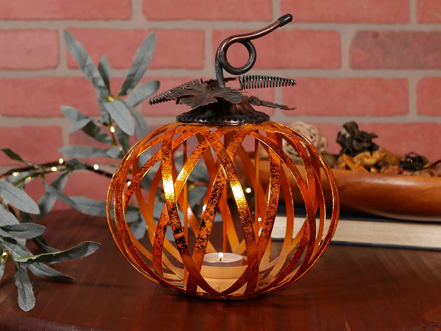 8 Inch Rustic Metal Pumpkin Candle Holder with Metallic Copper Finish - Fall Halloween Thanksgiving Home Decor