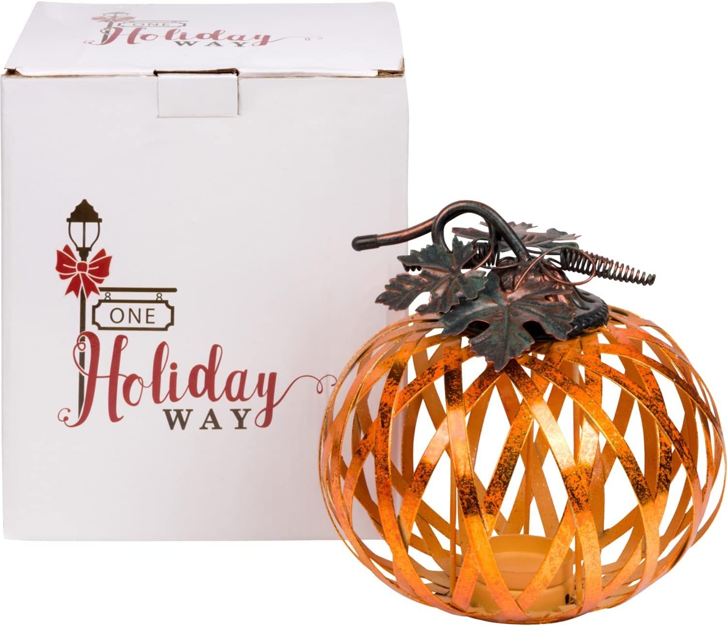 8 Inch Rustic Metal Pumpkin Candle Holder with Metallic Copper Finish - Fall Halloween Thanksgiving Home Decor