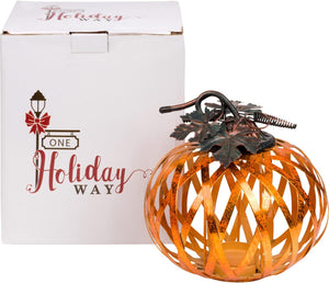8 Inch Rustic Metal Pumpkin Candle Holnterpiece or Mantel Decorder with Metallic Copper Finish - Fall Halloween Thanksgiving Decorative Home Decor - Country Farmhouse Table Ceation