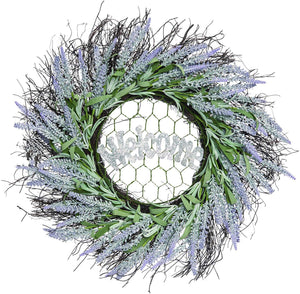 22-Inch Rustic Lavender Twig Wreath Welcome Sign – Front Door Wreath Spring Decoration