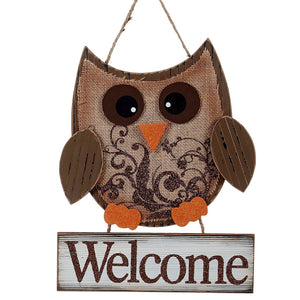 Autumn Owl Wood and Burlap Rustic Wall Hanging Welcome Sign - 2 variants