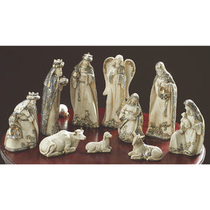 Hand-Painted Metallic Ivory and Silver Christmas Nativity Set, 10-Piece Holiday Decoration
