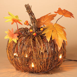 Lighted Twig Pumpkin with Maple Leaves - Harvest Fall Decoration