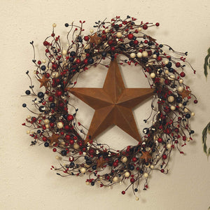 22-Inch Americana Twig and Berry Wreath with Rustic Metal Star – Patriotic Decoration