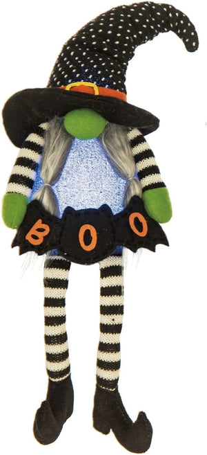 15-Inch Decorative Plush Light Up Halloween Witch Gnome w/ “Boo” Bat Shelf Sitter - Lighted Whimsical Fabric Doll Figurine Mantel Tabletop Accent Decoration - Office Desk & Home Decor