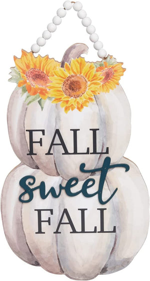 11.75-Inch Decorative Wooden White Pumpkin “Fall Sweet Fall” Front Door Sign w/ Wood Bead Hanger - Rustic Farmhouse Thanksgiving Harvest Hanging Wall Art - Autumn Home Decor