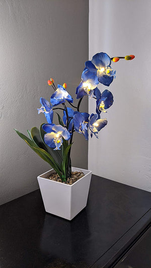 17-Inch Lighted Blue Artificial Orchid Flower Plant with Timer - Battery Operated with 9 Lights