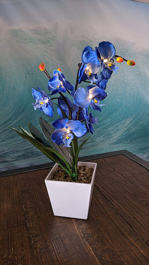 17-Inch Lighted Blue Artificial Orchid Flower Plant with Timer - Battery Operated with 9 Lights