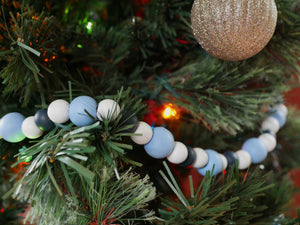 9-Foot Vintage Rustic Navy, Blue and White Wood Bead Garland Christmas Tree Decoration