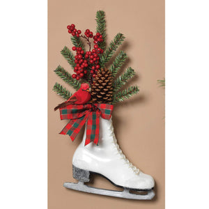 Vintage White Christmas Ice Skate with Greenery and Red Bow - Hanging Holiday Decoration