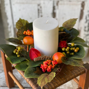 14-Inch Decorative Faux Magnolia Leaf Candle Ring w/ Artificial Fruit, Berry Clusters & Spires - Farmhouse Home Decor Wreath for Pillars - Centerpiece, Wall Art, Door Fall Decoration