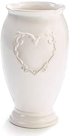 Elegant White Ceramic Flower Vase with Embossed Heart Accent and Pedestal Base – Valentine’s Day Decoration – Country Holiday Home Decor