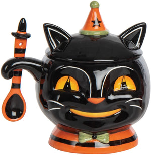 8-Inch Vintage Ceramic Black Cat Halloween Character Sugar Dish Bowl w/ Spoon and Lid – Decorative Party Kitchenware Decoration – Spooky Fall Kitchen Counter Tableware Home Decor