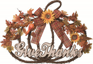 24-Inch Rustic Pumpkin Shaped Twig Wreath w/ Fall Leaves, Sunflowers & Plaid Bow - Autumn Give Thanks Front Door Sign Thanksgiving Wall Art Decoration - Country Harvest Home Decor