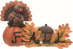 Cute Rustic Turkey, Pumpkin, and Acorn Fall Figurine Sign with Autumn Leaf Accents - Thanksgiving Mantel, Tabletop or Desk Decoration - Country Farmhouse Harvest Home or Office Decor