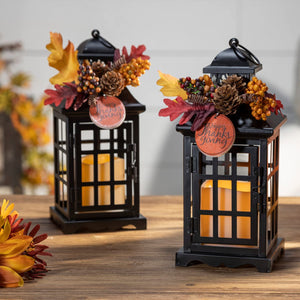 Set of 2 11-Inch Rustic Black Metal Thanksgiving Lantern Light Up LED Flameless Candle Holders w/ Timer, Fall Leaves, Berries – Decorative Autumn Home Decor Indoor Tabletop Decoration