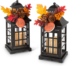 Set of 2 11-Inch Rustic Black Metal Thanksgiving Lantern Light Up LED Flameless Candle Holders w/ Timer, Fall Leaves, Berries – Decorative Autumn Home Decor Indoor Tabletop Decoration