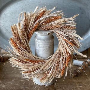 12-Inch Decorative Faux Millet Grass Raffia Candle Ring - Small Rustic Wreath Farmhouse Home Decor w/ 6-Inch Center for Pillars - Summer Centerpiece, Wall Art, Fall Door Decoration