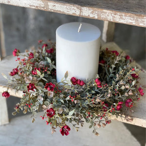 12-Inch Decorative Mini Red Floral Candle Ring w/ Greenery & Small Berries - Small Rustic Wreath Farmhouse Home Decor w/ 6-Inch Center for Pillars - Fall Holiday Door Wall Art Decoration