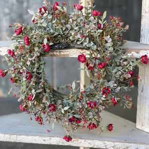 12-Inch Decorative Mini Red Floral Candle Ring w/ Greenery & Small Berries - Small Rustic Wreath Farmhouse Home Decor w/ 6-Inch Center for Pillars - Fall Holiday Door Wall Art Decoration