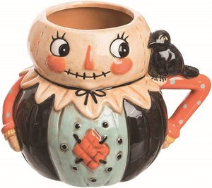 Vintage Ceramic Scarecrow Fall Man Character Coffee Mug Cup with Crow Accent - Thanksgiving, Halloween Party Tableware - Country Farmhouse Harvest Home or Office Table Decoration