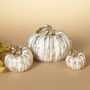 Set of 3 Elegant White and Gold Decorative Faux Pumpkin Figurines – Fall Tabletop Gourd Centerpiece - Halloween Thanksgiving Harvest Wedding Decoration Rustic Farmhouse Home Decor