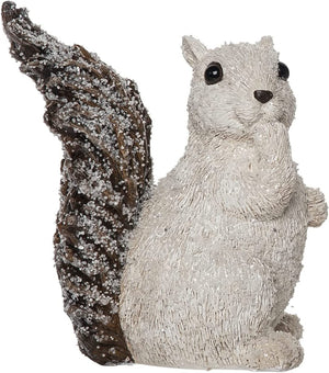 6.5-Inch Small Decorative White Glitter Squirrel Figurine w/ Hand at Mouth - Cute Woodland Animal Home Decor for Fall & Winter - Indoor Shelf Sitter Statuette for Tabletops, Mantel