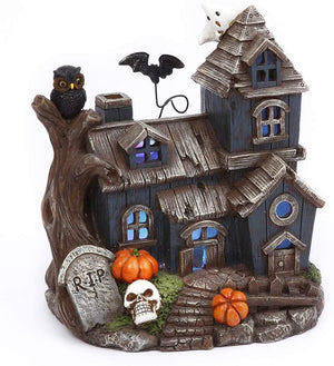 Spooky Light Up Miniature Haunted House with Hovering Bat – Halloween Village Tabletop Decoration