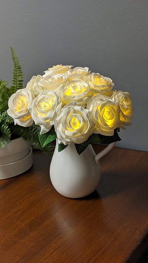 Orchid & Ivy 11 Stem Lighted Rose Bouquet, Artificial White Silk Flowers with LED Lights - Battery Operated with Timer - Beautiful for Home, Weddings,Table Centerpieces, Party Decor