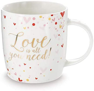 Love is All You Need Mug with Red and Gold Hearts – Valentine’s Day Tableware – Holiday Coffee Cup Home Decor