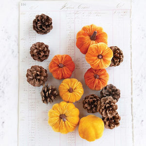 3.75-Inch and 2.25-Inch Orange and Yellow Velvet Pumpkins with Fall Pinecones, Set of 16 - Rustic Tabletop Thanksgiving Autumn Decorations - Country Harvest Bowl Filler Home Decor