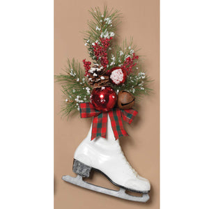 Vintage White Christmas Ice Skate with Greenery and Red Bow - Hanging Holiday Decoration