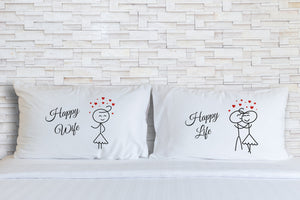 Orchid & Ivy Happy Wife Happy Life Love Couples Pillowcases - Romantic His and Hers Gifts for Valentines Day, Anniversary, Christmas, Long Distance Relationship - Boyfriend Girlfriend Gifts