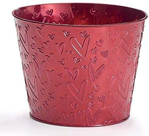 6-Inch Red Metal Embossed Hearts Valentine’s Day Flower Pot Cover - Holiday Love Planter Home Decor – Mother’s Day, Engagement, Anniversary