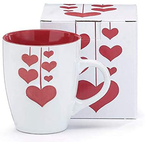 White Ceramic Love Mug with Red Hanging Hearts – Valentine’s Day Tableware – Holiday Coffee Cup Home Decor