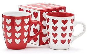 Set of Two Red and White Stoneware Heart Coffee Mugs – Valentine’s Day Love Tableware - Holiday Home Decor