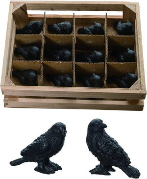 Set of 12 Miniature 1.5-Inch Spooky Black Crow Figurines in Wooden Crate - Decorative Halloween Village, Fairy Garden, Craft, Dollhouse Ravens - Small Gothic Home Decor Bird Figures