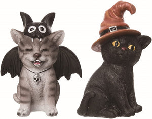 Set of 2 4.5-Inch Decorative Gray & Black Cat Figurines in Bat and Witch Halloween Costumes - Cute Kid Friendly Tabletop Mantel Shelf Sitter Home Decor - Fun Office Party Decorations
