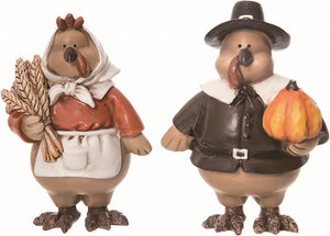 Set of 2 Rustic Decorative Pilgrim Turkey Figurines with Wheat and Pumpkin Fall Accents - Thanksgiving Table, Mantel, Desk Farmhouse Ornament Decoration - Country Harvest