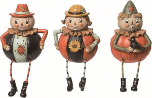 Set of 3 Vintage Scarecrow Character Shelf Sitters Dangling Legs - Thanksgiving Halloween Fall Decorative Figurines - Autumn Country Farmhouse Harvest Desk, Mantel, Shelf Home Decor