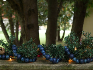 9-Foot Vintage Rustic Stained Dark Navy Blue Matte Wood Bead Garland Christmas Tree Decoration