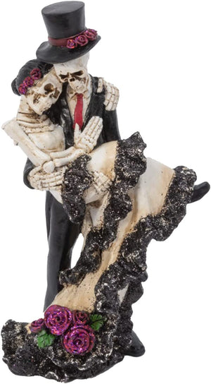 12-Inch Day of The Dead Dia de Los Muertos Dancing Skeleton Couple Figurines w/ White Dress and Rose Accent – Decorative Halloween Tabletop Goth Wedding Decoration – Spooky Home Decor