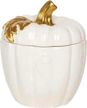 6-Inch Decorative White Ceramic Pumpkin Container w/ Lid & Metallic Gold Stem - Elegant Vintage Fall, Halloween & Thanksgiving Home Decor - Cookie Jar, Centerpiece, Tabletop Decoration