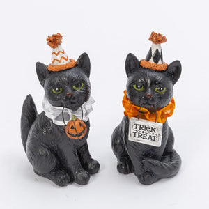 Set of 2 6-Inch Collectible Vintage Black Cat Figurines in Cute Pumpkin Party Costumes - Halloween Desk, Kitchen, Mantel Indoor Decoration - Tabletop Home Office Bookshelf Fall Decor