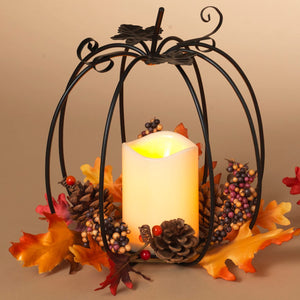 12-Inch Metal Pumpkin Votive Holder with LED Candle and Fall Leaves - Decorative Rustic Farmhouse Dining Table Centerpiece - Thanksgiving Halloween Harvest Autumn Wedding Home Decor