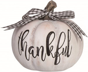 6-Inch Rustic White Pumpkin Figurine Autumn Tabletop Decoration with Black and White Check Buffalo Plaid Bow and Thankful Fall Saying - Thanksgiving Farmhouse Country