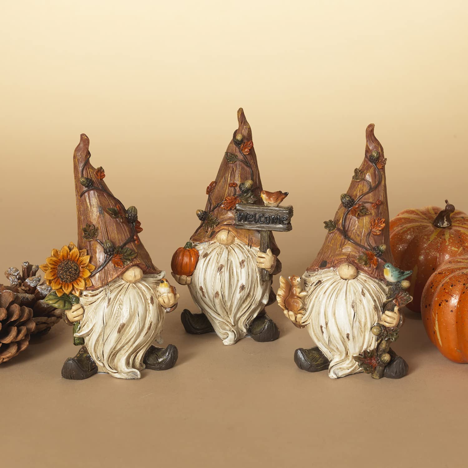 Set of 3 6-Inch Vintage Fall Gnome Figurines with Harvest Accents - Thanksgiving Centerpiece, Autumn Tabletop, Desk, Mantel Decorations - Rustic Country Farmhouse Garden Home Decor